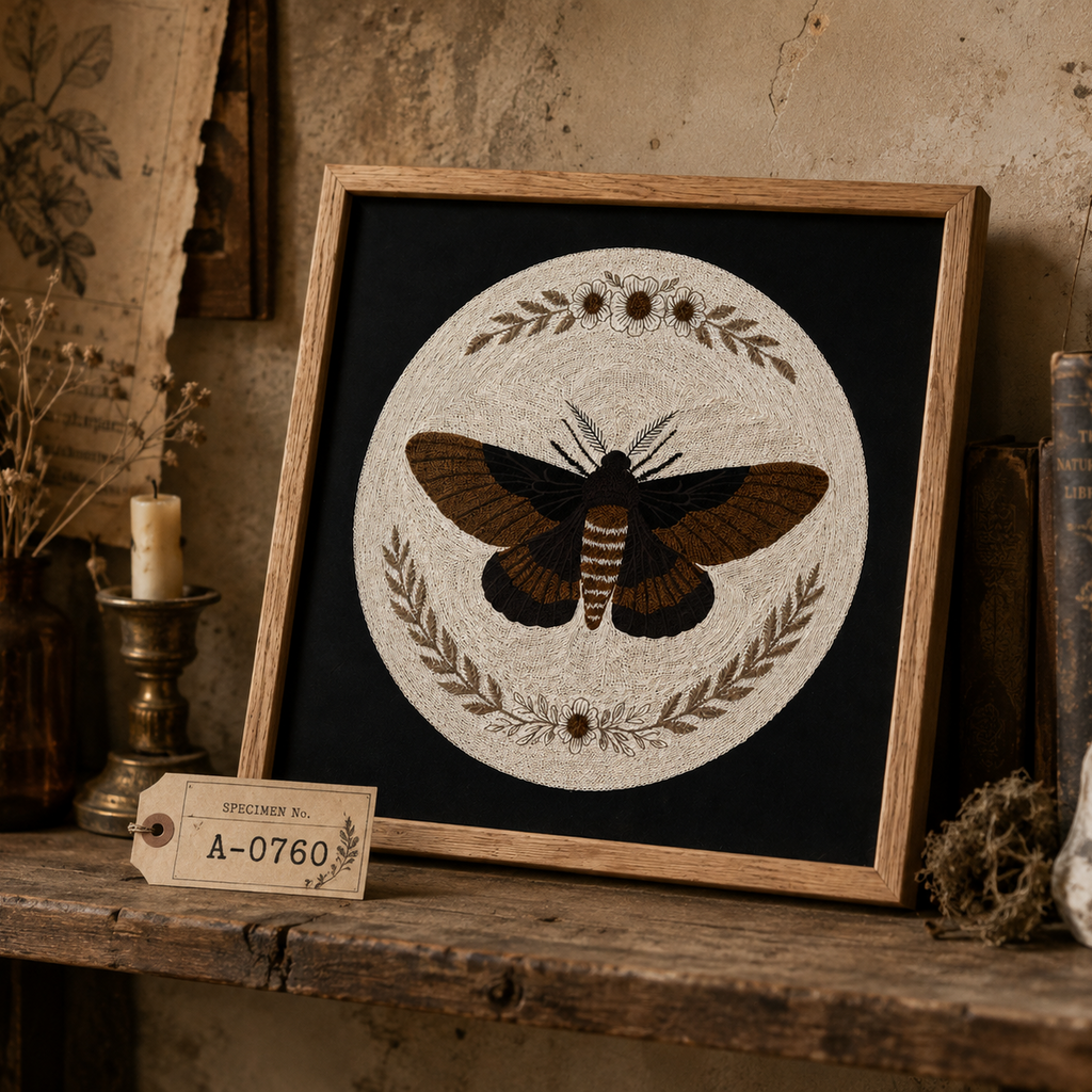 Embroidered Moth & Botanical Wall Art