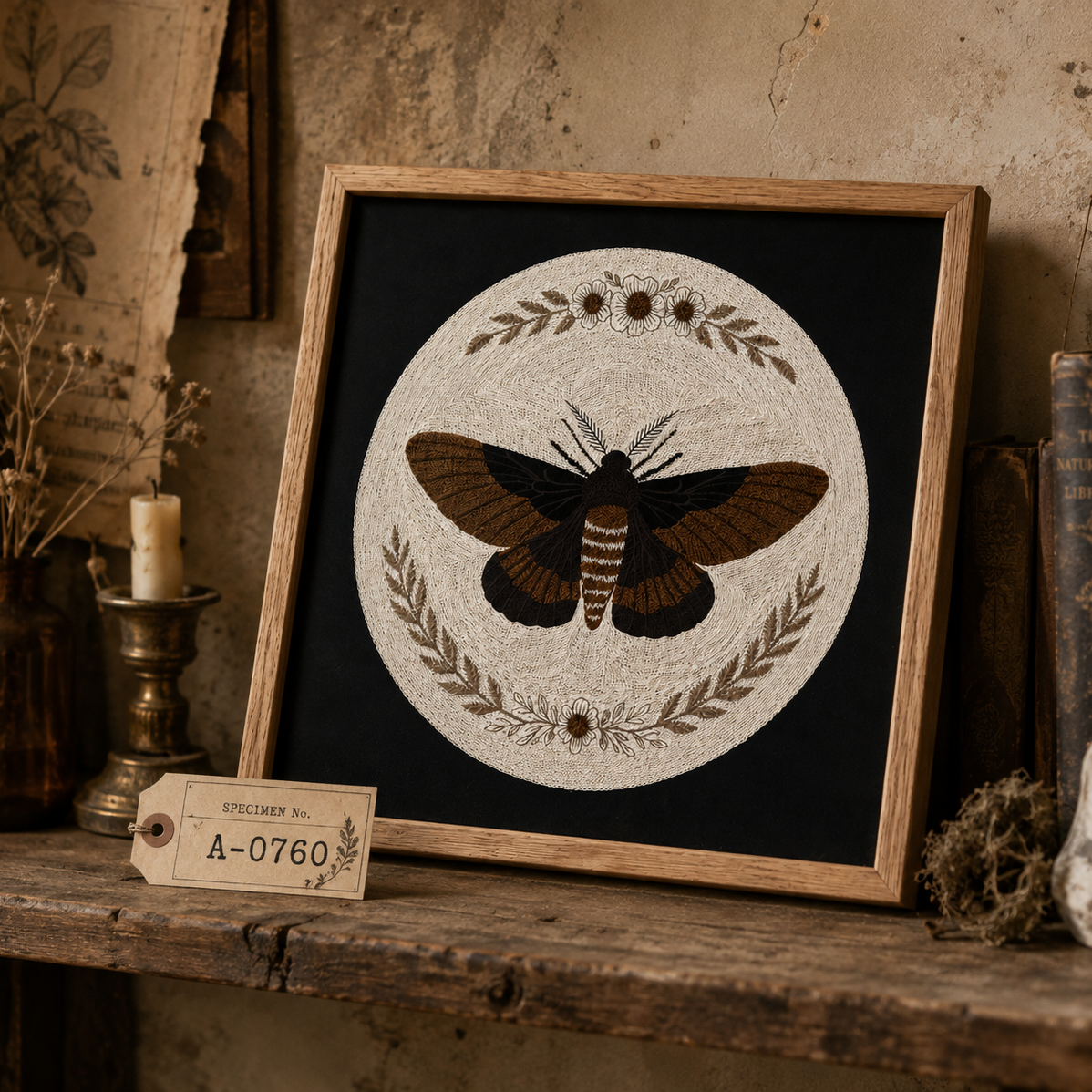 Embroidered Moth & Botanical Wall Art