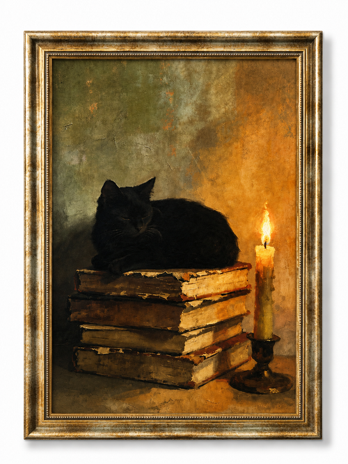 Black Cat on Antique Books Framed Wall Art |