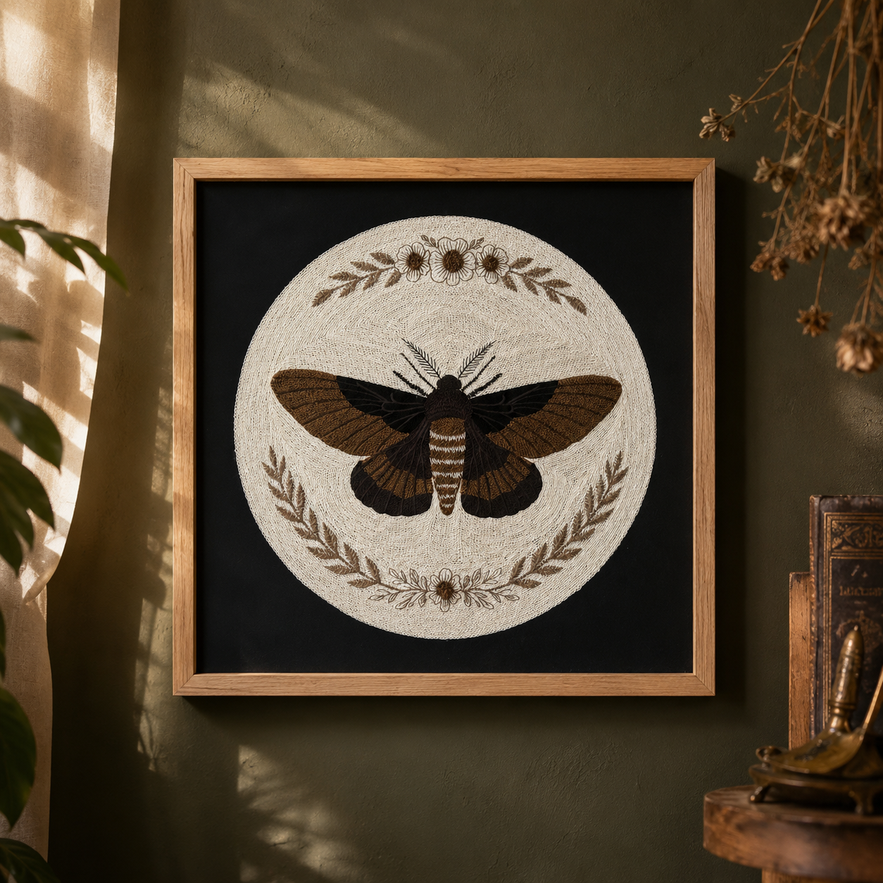 Embroidered Moth & Botanical Wall Art